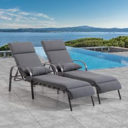 New 2 Pc Outdoor Patio Pool Chaise Lounge Chairs With Dark Grey Cushions