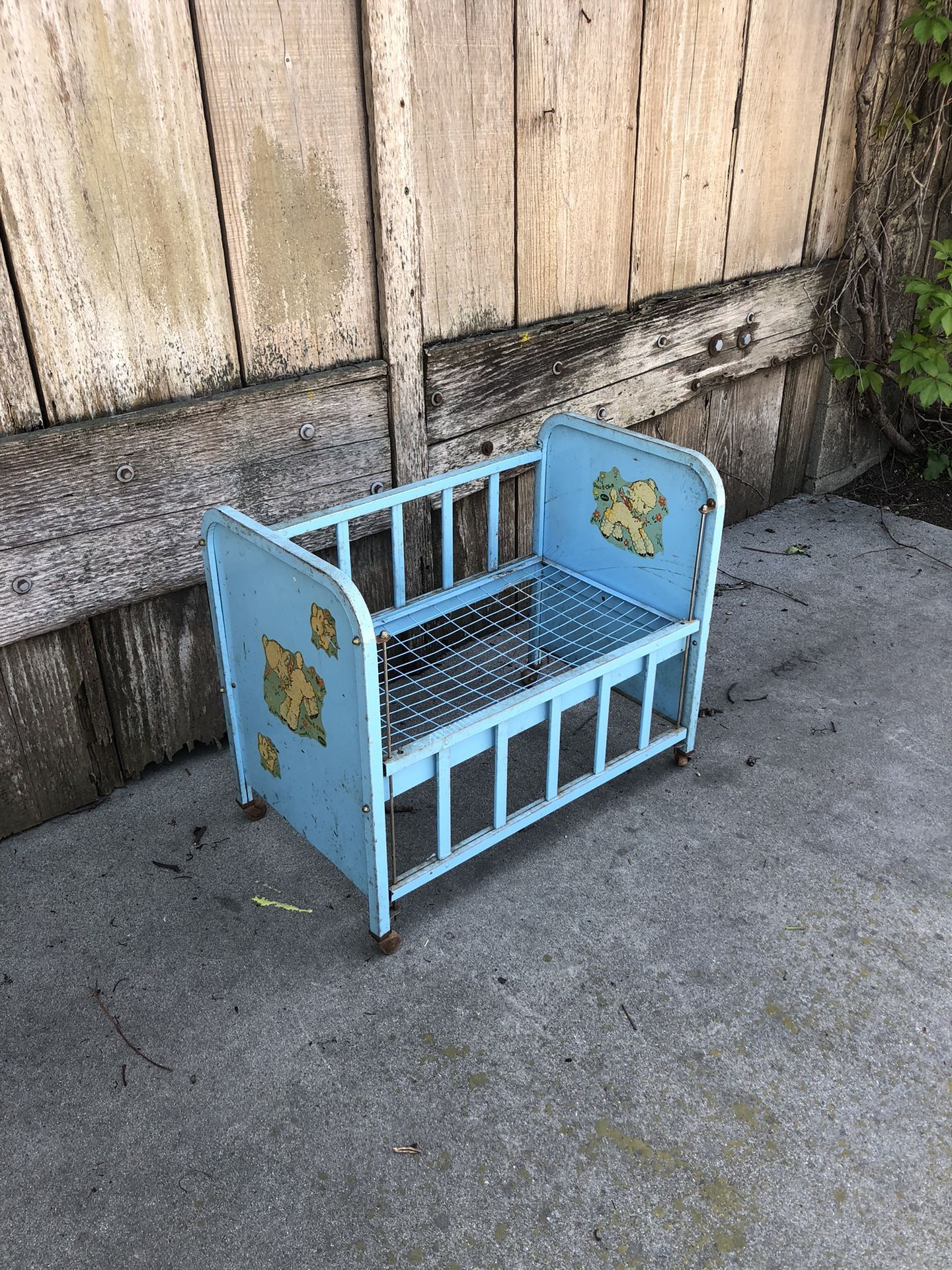 Antique Doll E Crib By AMSCO Blue Metal DOLL CRIB With Wheels