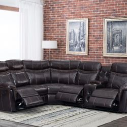 Leather Sectional Sofa With Reclining Seats & Bluetooth