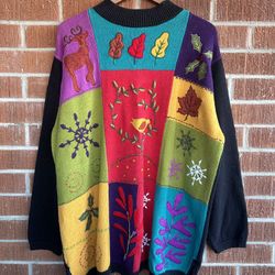 Vintage Holiday Block Design Knit Sweater C.S.T. Sport
