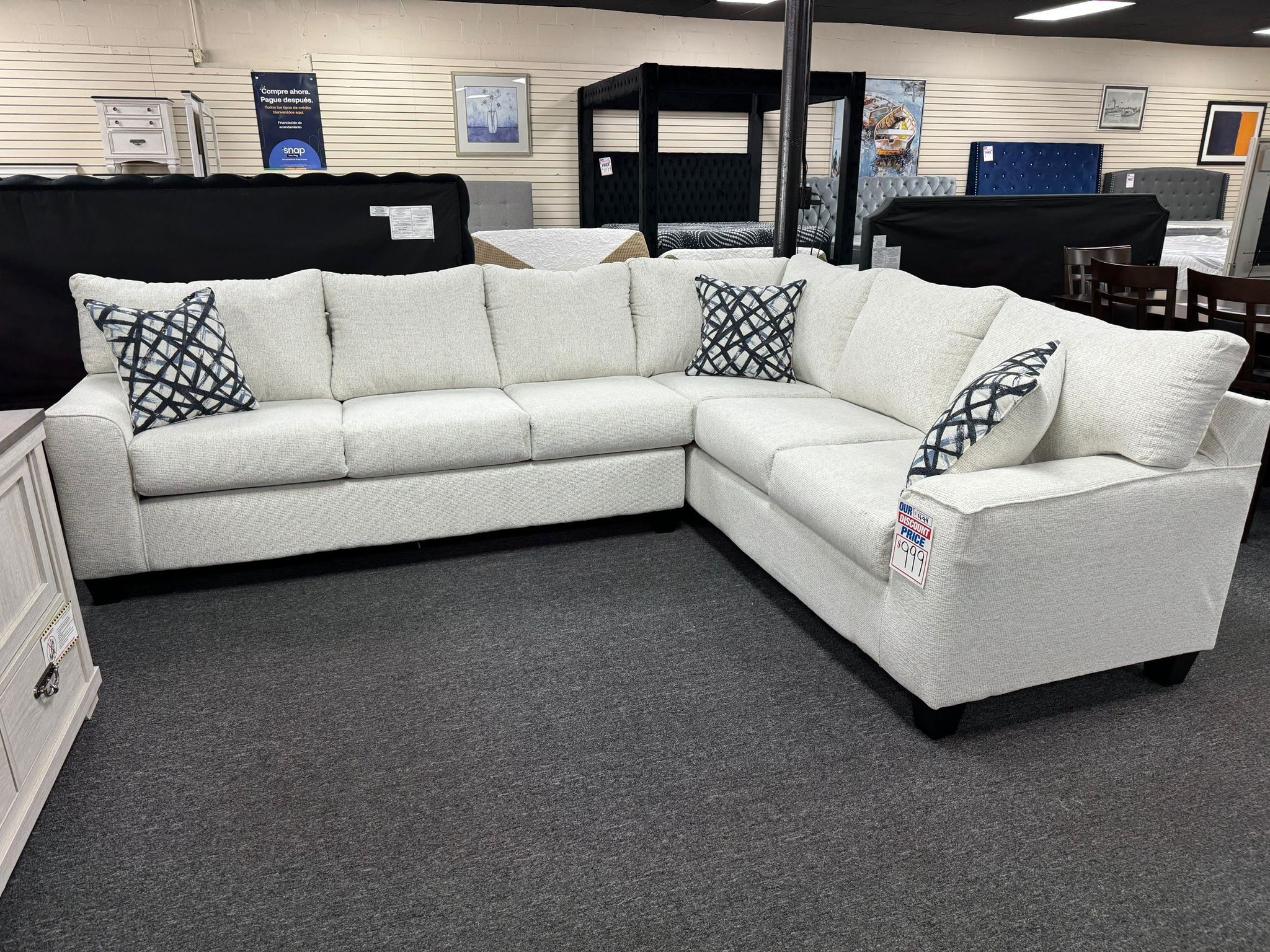 New White Fabric Sectional. Pillows Are Included. Delivery & Set Up Available