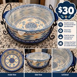 Ceramic Serving Bowl with Lid and Metal Stand