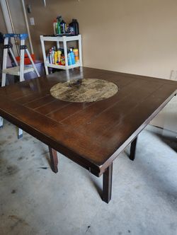 Wood Table With Granite Lazy Suzy And Four Chairs
