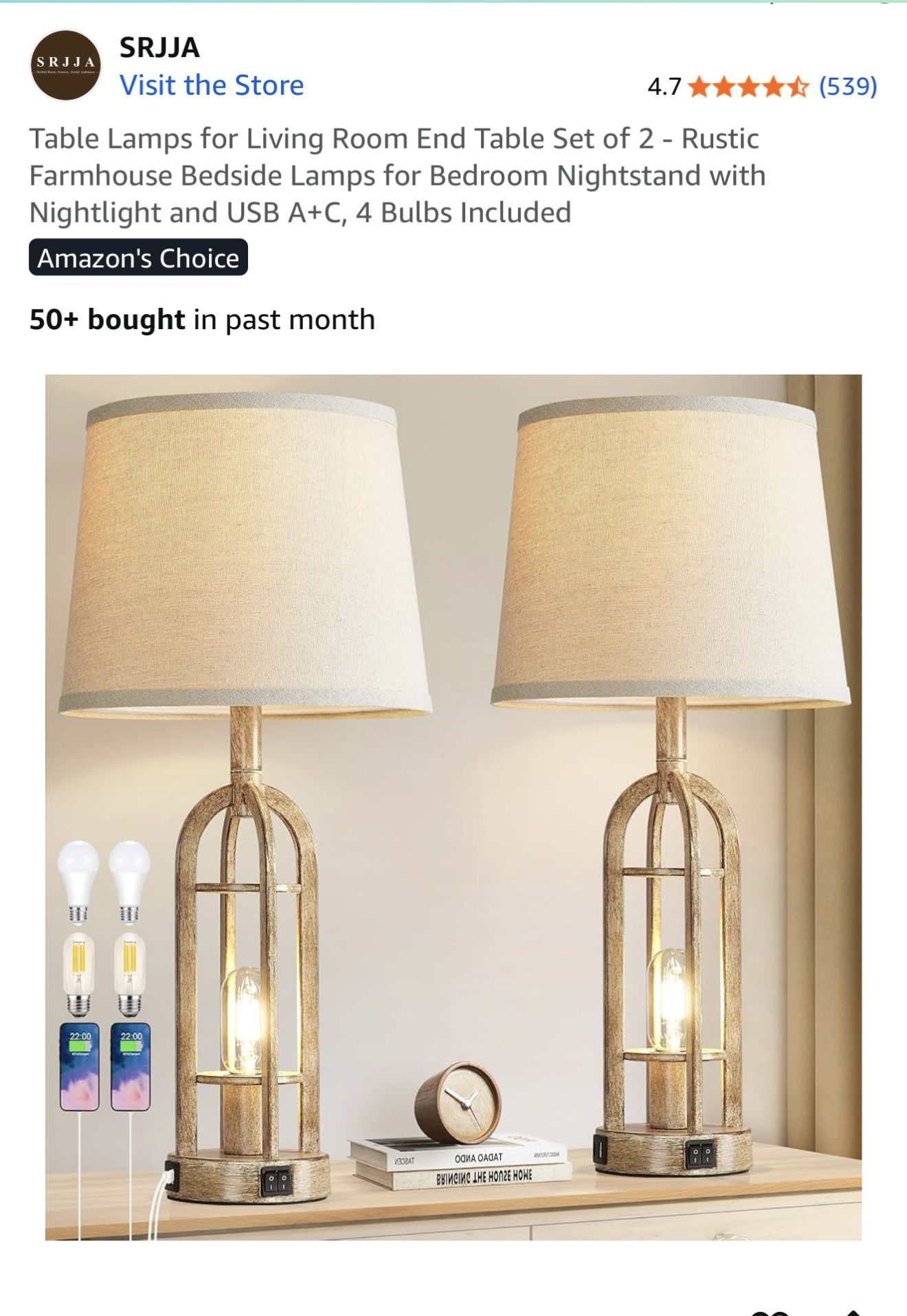 Table Lamps for Living Room End Table Set of 2 - Rustic Farmhouse Bedside Lamps for Bedroom Nightstand with Nightlight and USB A+C, 4 Bulbs Included