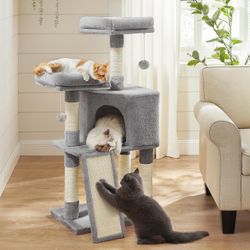 Cat Tree, 45.3-Inch Cute Cat Tower, Climbing Condo, Light Gray with 4 Sisal Scratching Posts, 2 Perches, Spacious Cave, Scratching Ladder, Plush Toy B