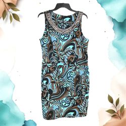 Connected Apparel Turquoise, Brown, Black, Blue Floral Sleeveless Dress w Beaded Bling Neckline Women Sz 16