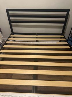 Queen Black Metal Bed Frame with Wood Slats