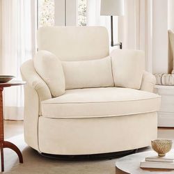 Oversized Beige Chenille Upholstered Swivel Accent Chair with 3 Removable Pillows