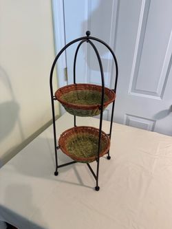 Two-Tier Metal  Stand with Woven Baskets – 26” Tall