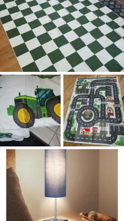 Brand New Rug, Tractor Comforter Set, Side Table Lamp and Fun City Rug