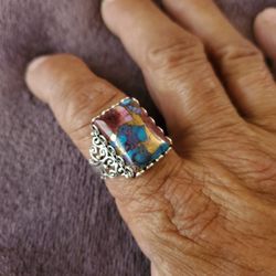 Vintage Bold Unisex Spiny Oyster Turquoise Sterling Silver 925 Ring 