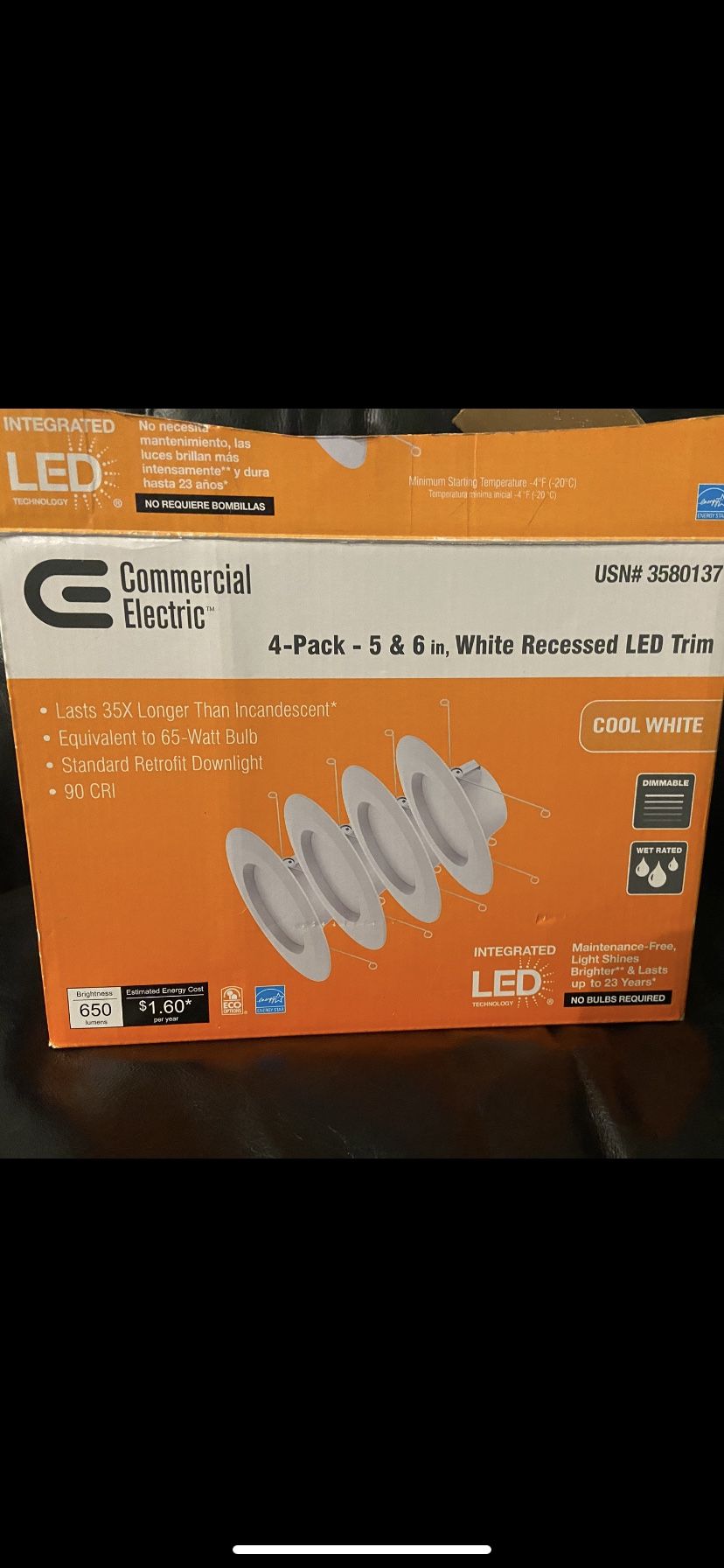 BRAND NEW IN BOX- LED COMMERCIAL 4 PACK, 5/6 INCH RECESSED LED TRIM COOL WHITE