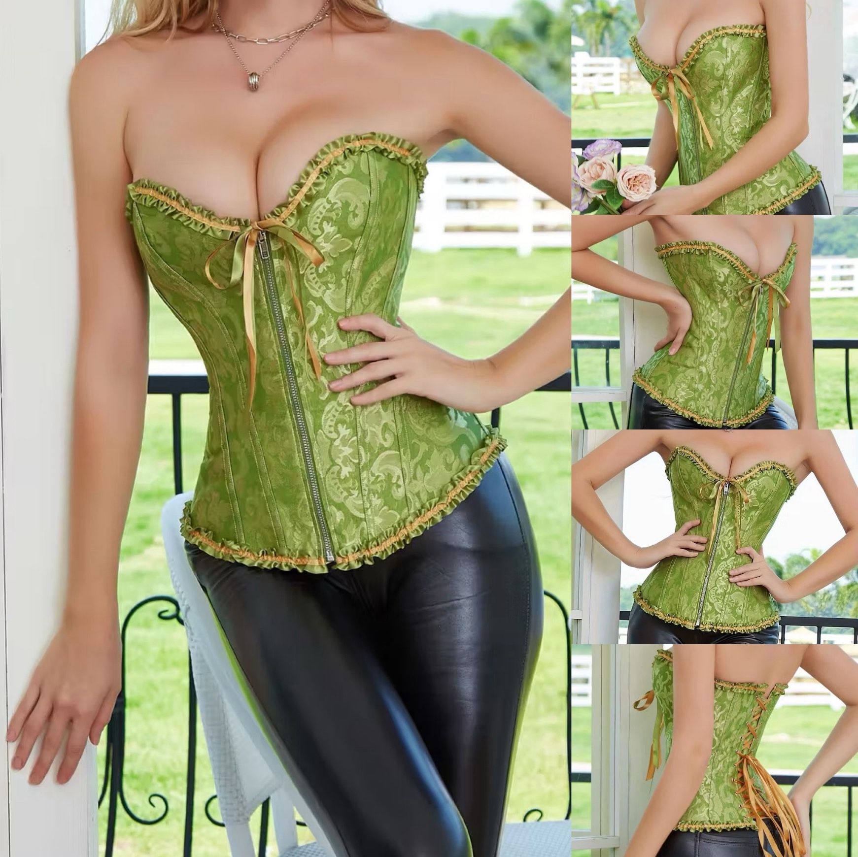 Jacquard Corset Top Green & Gold Over Bust Laced Back Zippered Victorian Bustier Size M
