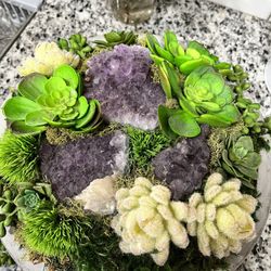 Succulents with Amethyst in Concrete Bowl