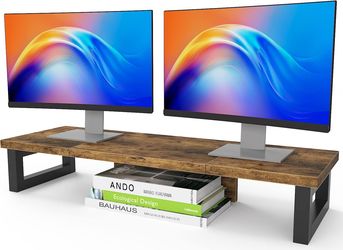 Dual Monitor Stand Riser, Wood and Steel, Computer Monitor Stand Riser- Brown