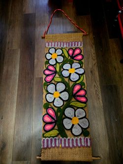 Bohemian  Handmade Vintage 1970's  Burlap & Yarn Wall Art  Hanging Tapestry 38"×14"
