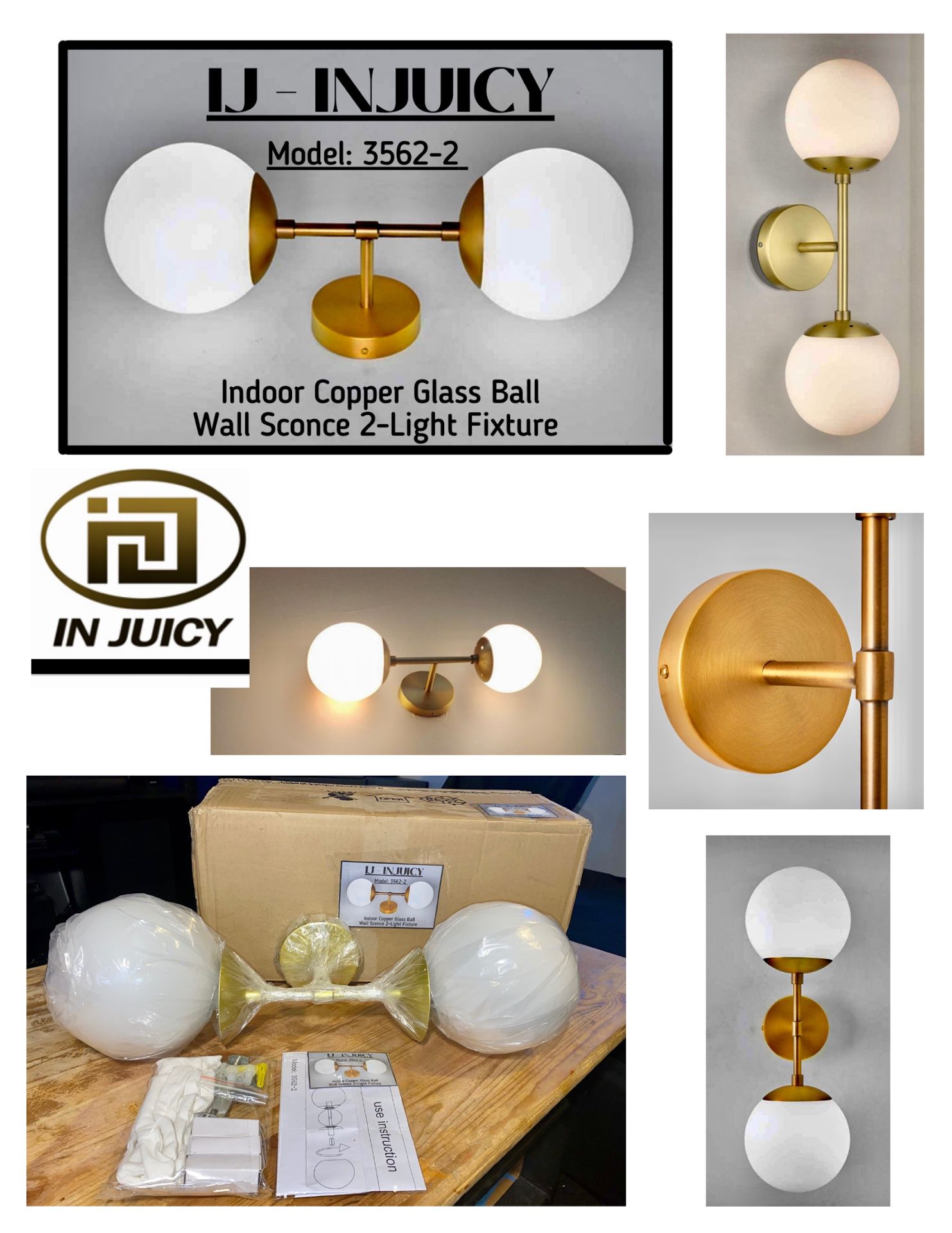 INJUICY 2-Light Indoor Wall Scone Lighting Fixture Gold W/White Glass Globe Shades