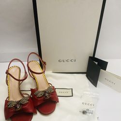 GUCCI Nappa Charlotte Red Queen Bee Crystal Bow Heel SIZE 5.5 MODEL 524654($790)
