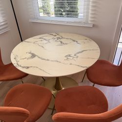 Round Wood Marble Top Table + 4 Velour Chairs