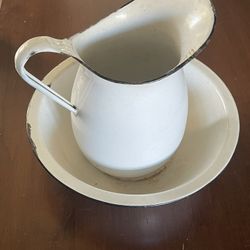 Vintage Antique Enamelware Pitcher & Basin Perfect For Flower Arrangement 