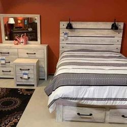 Cambeck Whitewash Footboard Storage Bedroom Set.     Bed, Dresser, Mirror, Nightstand, Chest 