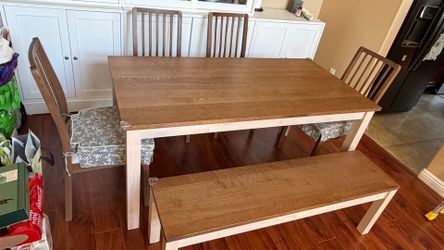 IKEA ÅLHULT / ÅLHULT Table, 4 chairs, and a dining bench, beige/brown/Kabusa light beige beige, 66 7/8x31 1/2 "