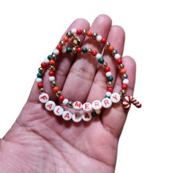 Set of 2 Kids Gold Toned Christmas Themed Merry Falala Stretchy Beaded Bracelet