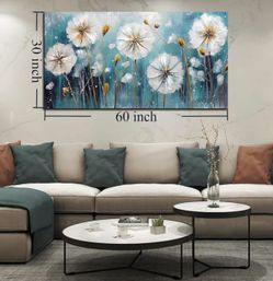 CANEITO Wall Art Living room, Large 60 × 30 Inch Artwork for Walls, Vintage Floral Color Wall Art for Bedroom Bathroom, White Dandelion Botanical Pict