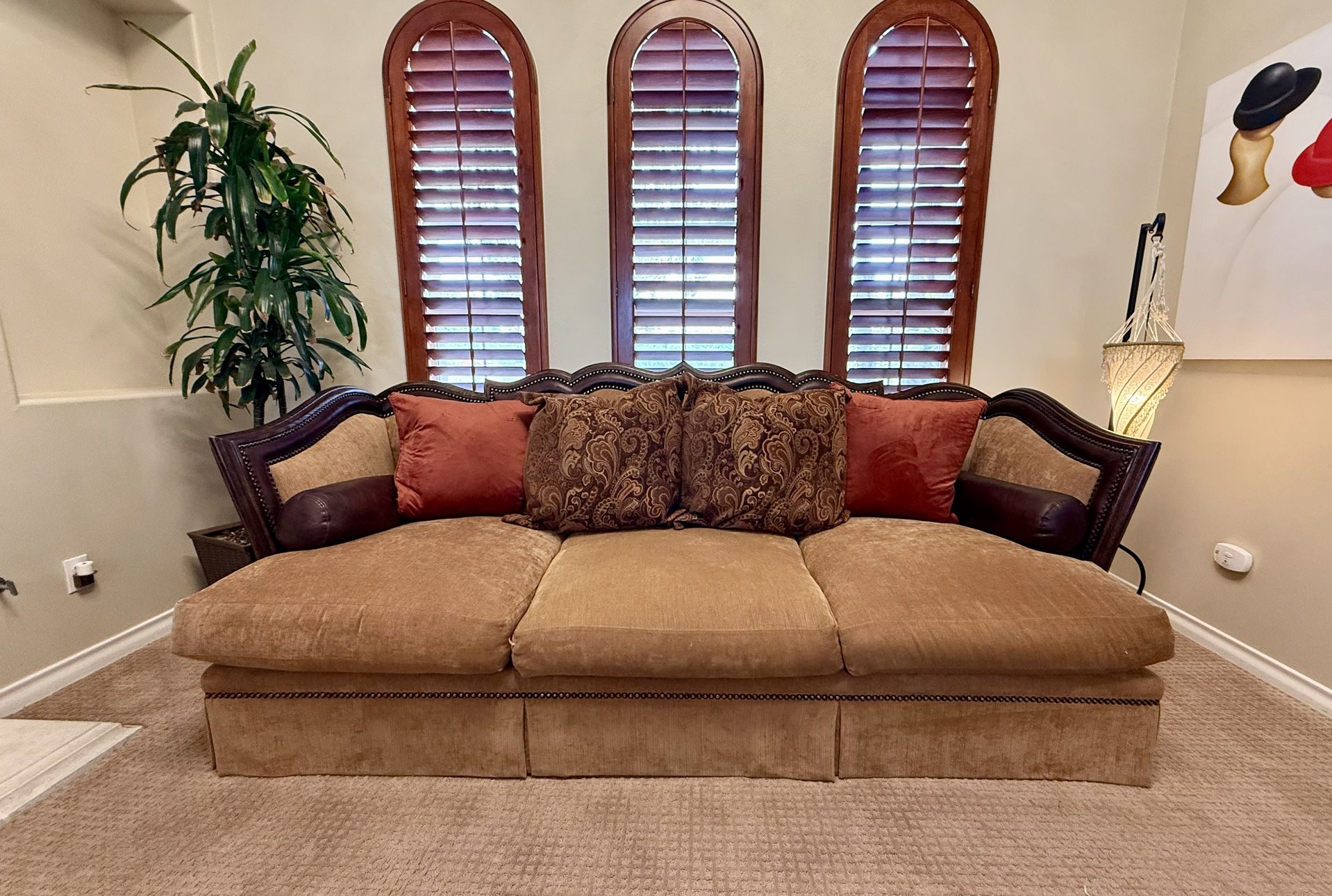 Designer Sofa – 108” Chenille Couch w/ Wood Trim & Nailhead Accents (Dallas Market)