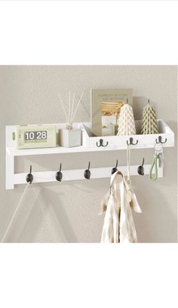 AMBIRD Ganchos de pared con estante, ganchos de madera para entrada de 26.57 pulgadas para pared, perchero de pared con 5 ganchos dobles, 3 ganchos pa