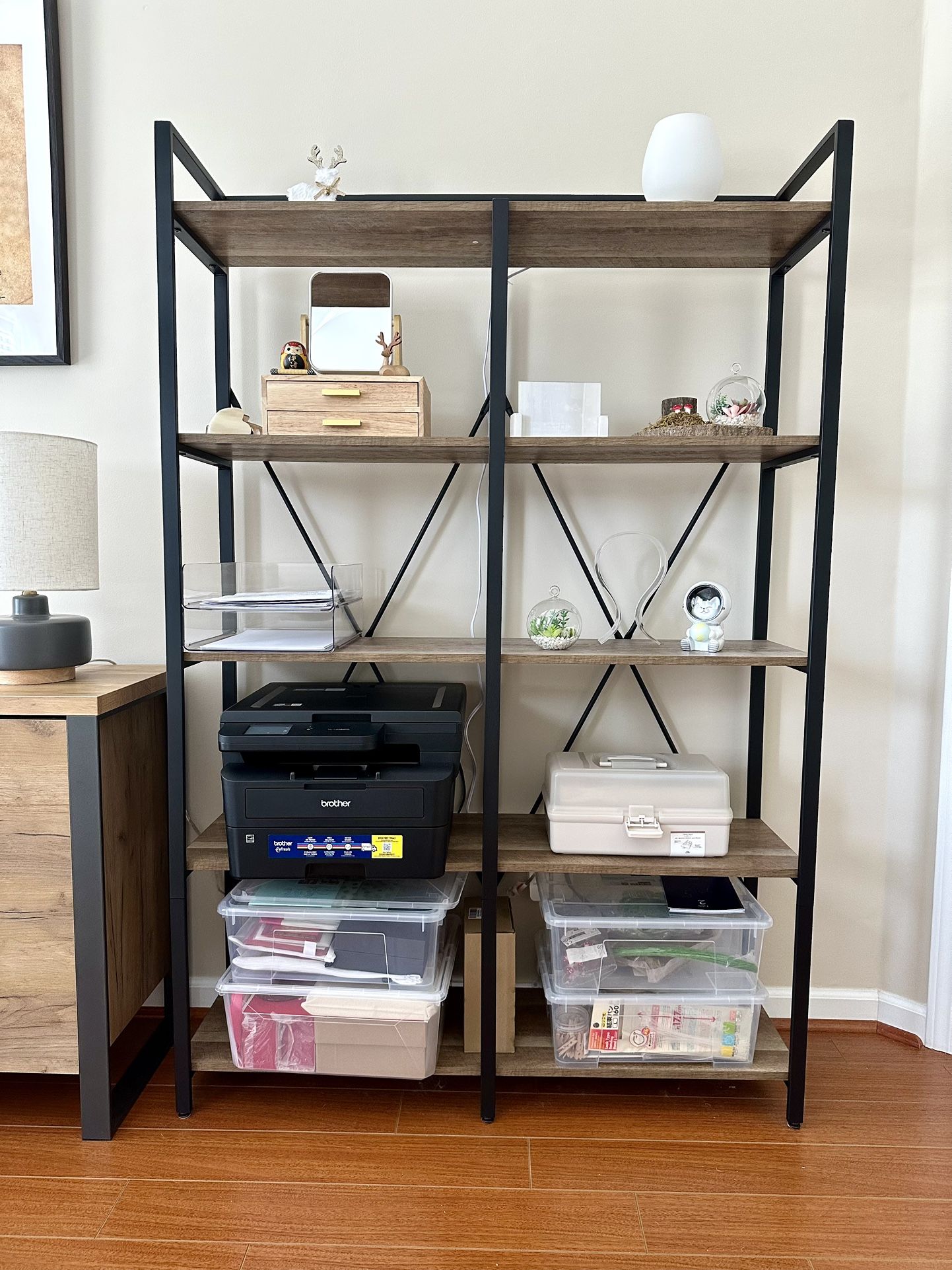 5-Tier Wooden Bookshelf with Black Metal Frame - 66” H × 43.5” W × 12.5” D