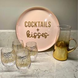 Pink & Gold “Cocktails & Kisses” Bar Set - Serving Tray, Glass Pitcher, & 4 Stemless Wine Glasses, NEW