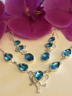 Sterling Silver.925 Swiss Blue Topaz Necklace And Earrings Set
