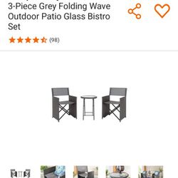 Hampton Bay Montrose 3-Piece Grey Folding Wave Outdoor Patio Glass Bistro Se
Including 2chairs and 1 side table
Button closure mechanism allows for ea
