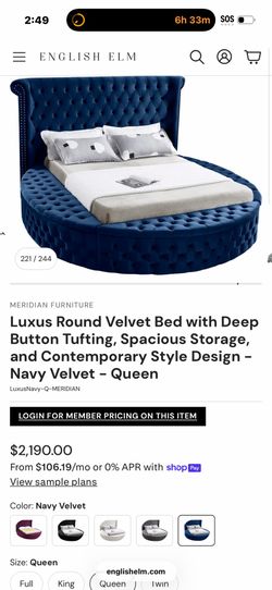 Luxus Round Velvet Bed - Navy Velvet - Queen (Negotiable)