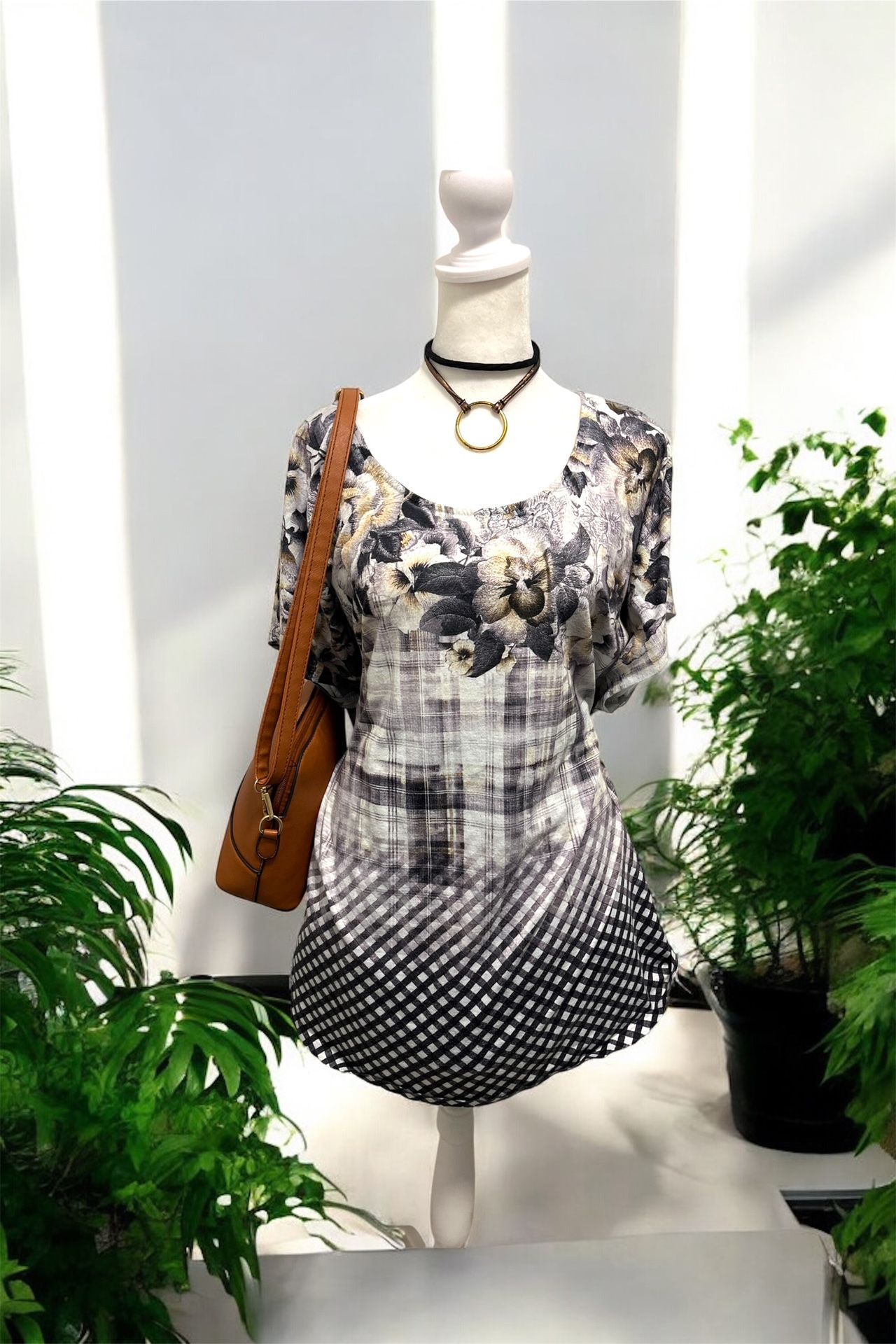 Plus Size 3X Style & Co. Black and Gray Floral Plaid Blouse