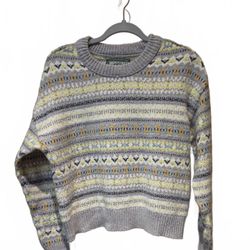 American Eagle Fair Isle Sweater Women Small Grey Yellow Knit Crewneck Pullover