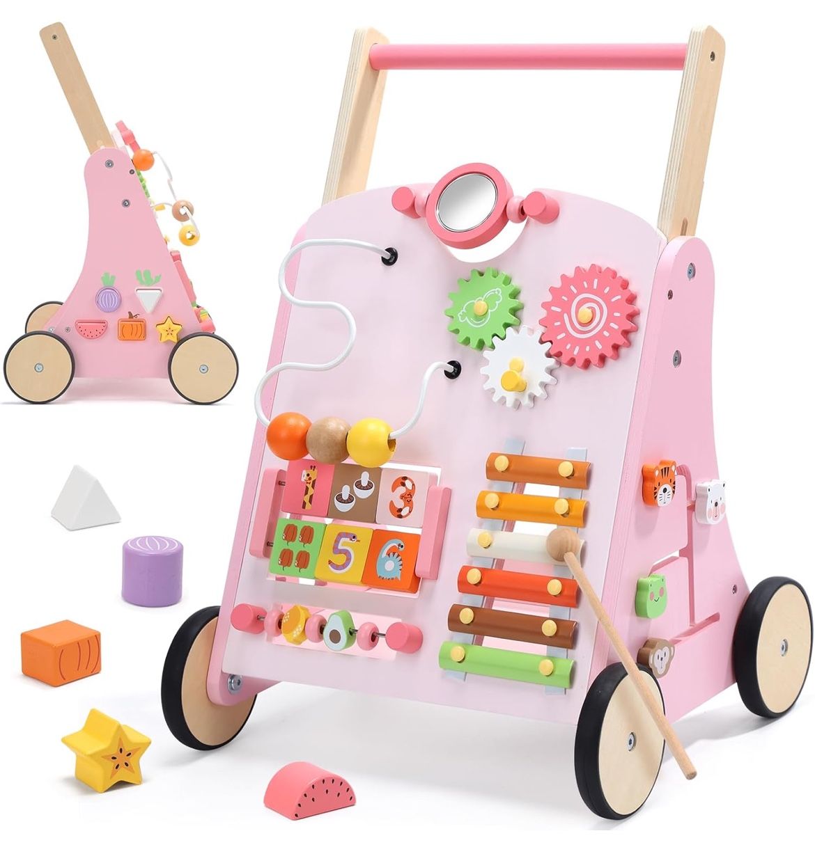 Wooden Baby Walker, Montessori-Style Push Walker with Activity Center