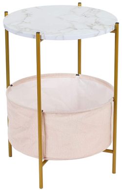 Round Storage Side Table, 2-Tier End Table with Fabric Basket Gold Metal Frame, 16'' Faux Marble Top Nightstand Bedside Tables for Nursery Kids Living