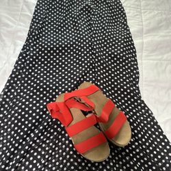 Polka Dot Sun Dress (M) with Red Strappy Sandals (9). OOTD