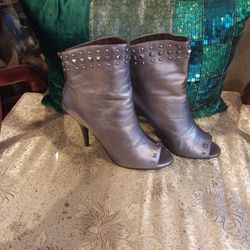 Pewter leather high heel boot