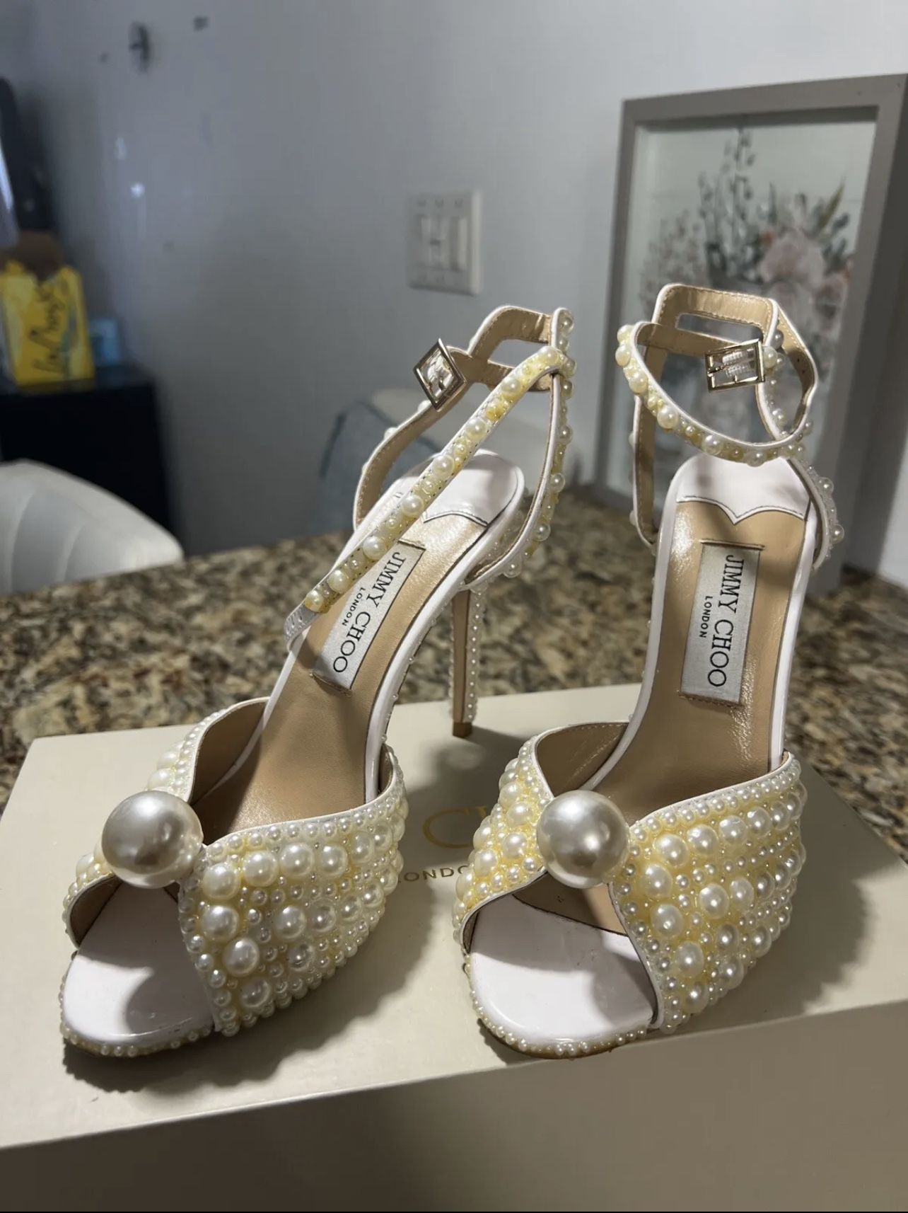 Jimmy Choo Sacora 100 Sandals with All Over Pearls, Size 6 US - White Satin.