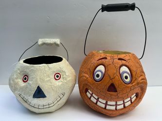 Vintage Pumpkin & Skeleton Jack-O-Lantern Candy Pails (2)-Halloween