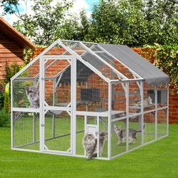 Outdoor Cat House Cat Enclosures 110 Large Kitten Playpen with Platforms,Upgrade Waterproof Cover-Grew&White