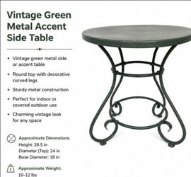 Vintage Green Round Metal Accent Side Table Scrollwork Curved Legs