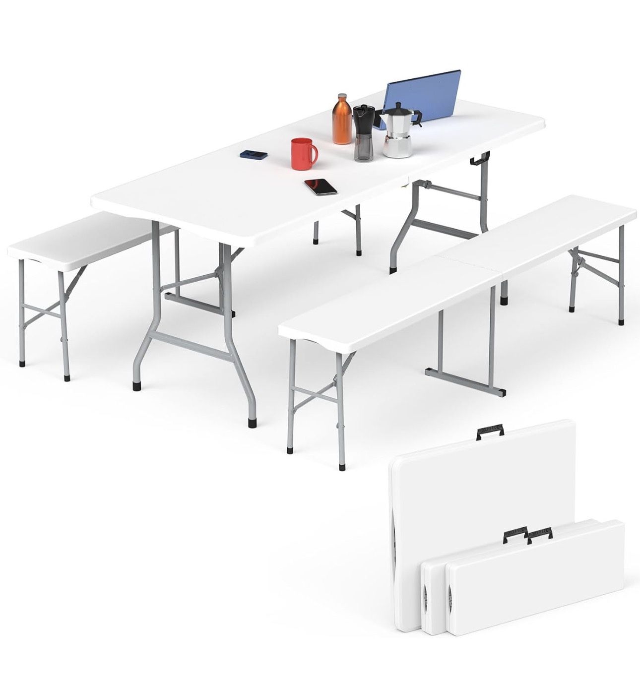 HLPB Folding Table Picnic Table Set, 6 ft Camping Table with 2 Benches, Outdoor Indoor Portable Folding Furniture for Working Meeting Party, Camping, 