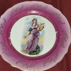 ANTIQUE PLATE GODDESS PAINTER ARTIST SIGNED GOLD RIM EMBOSSED SOME WEAR ON PAINT AUSTRIA P4R119