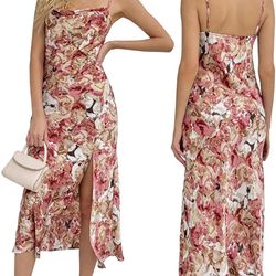 Wedding Guest Dress for Women Spaghetti Strap Satin Slip Cocktail Wine Floral