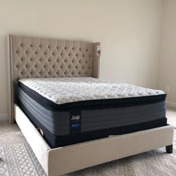 Tall BEIGE BED 🩶🩶 Tufted Headboard 