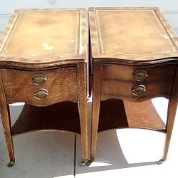 Antique  Inlaid Leather Top End Tables